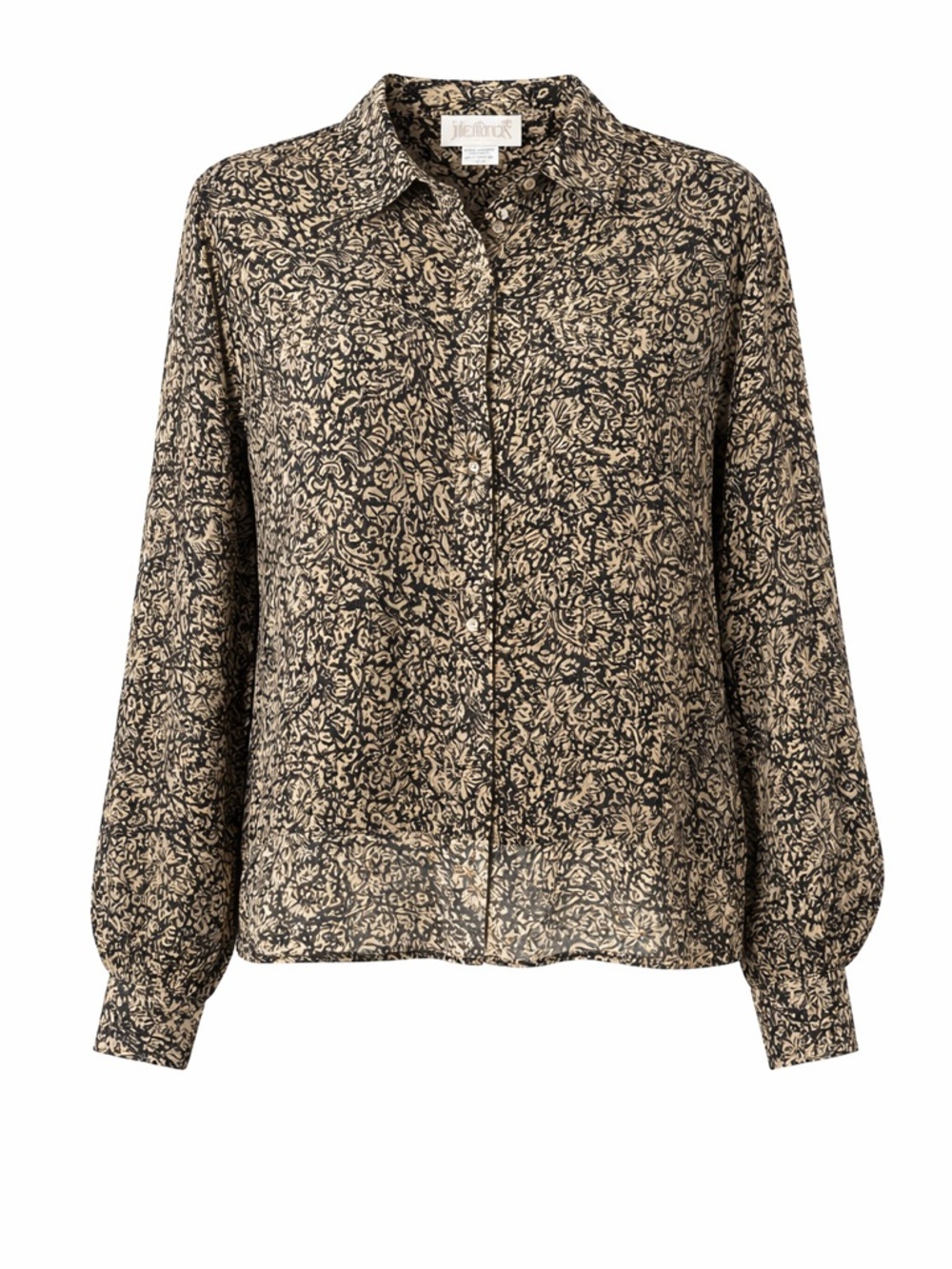 Julie Francis 100% Silk Blouse Size 8 Black Tan Paisley Button Front Top